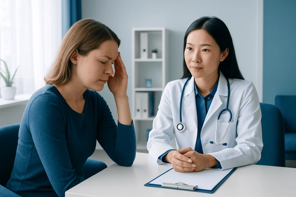 Woman experiencing headache consulting with doctor in clinic.