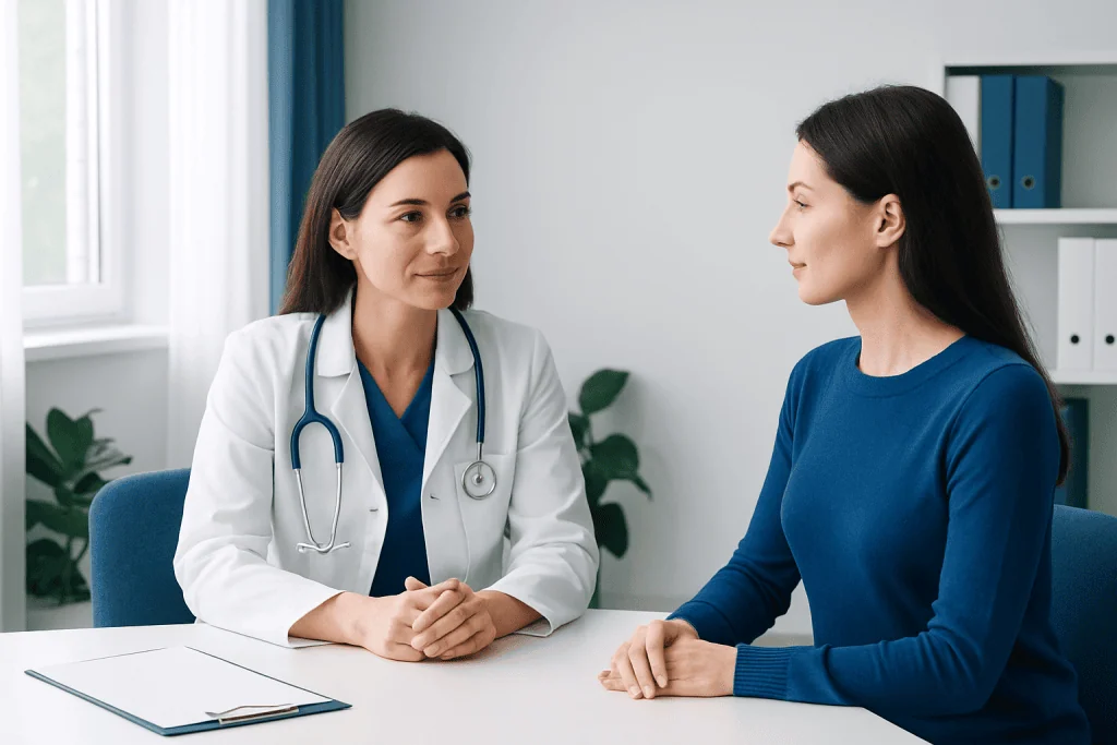Doctor consulting patient in a medical office setting.