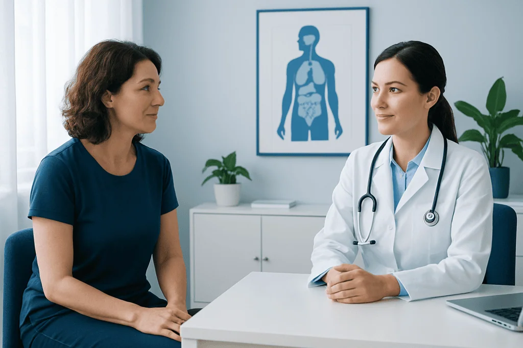 Doctor consulting with a female patient in a modern clinic setting.