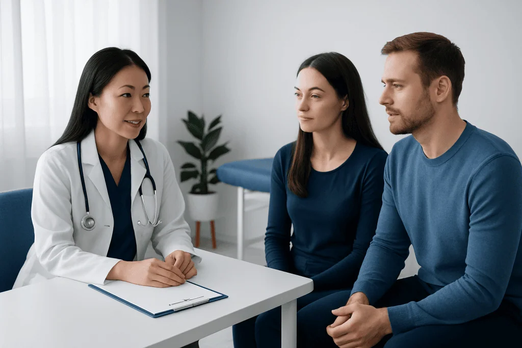 Doctor consulting with a couple in a medical office setting.