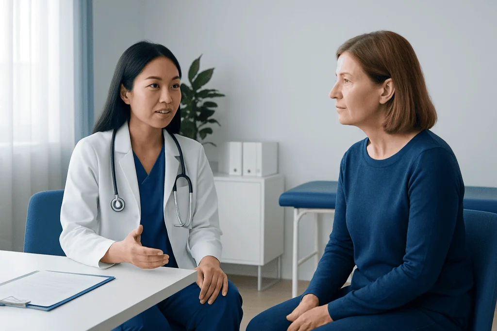 Doctor consulting with a female patient in a medical office.