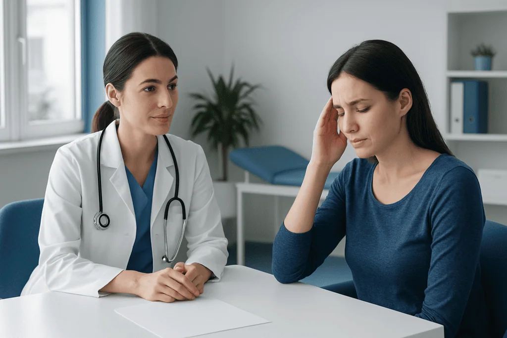 Doctor consulting with a woman experiencing headache in a medical office.