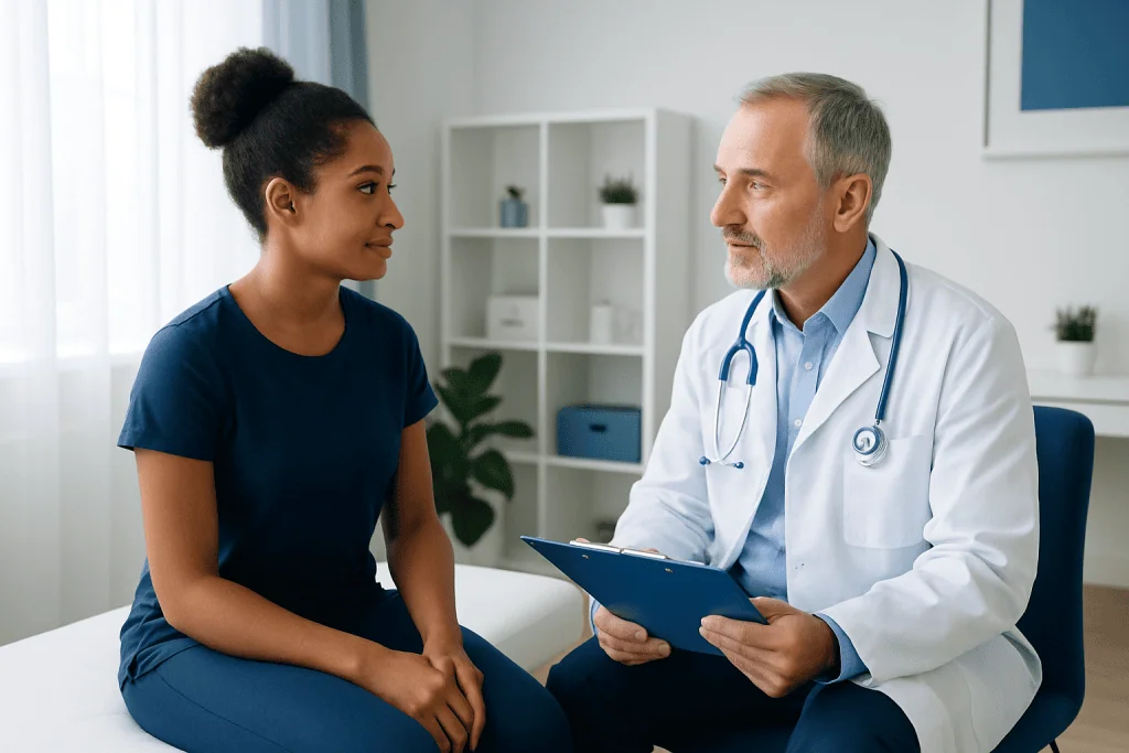 Doctor consulting with a patient in a modern clinic setting.