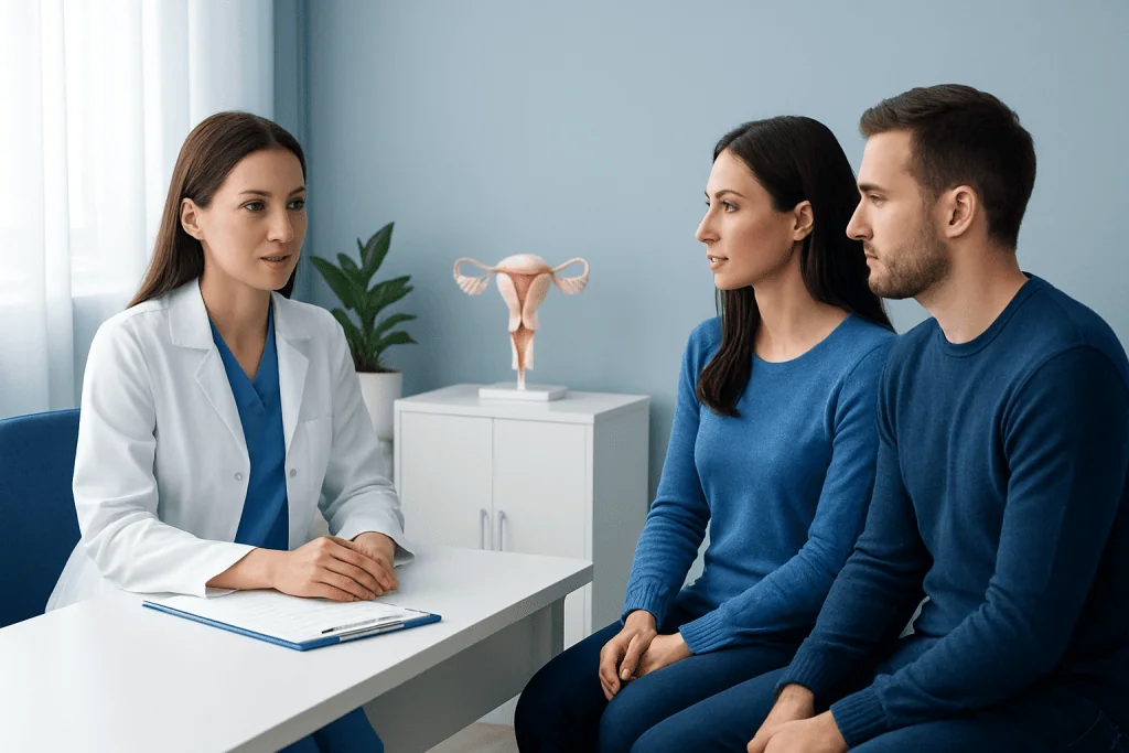 Fertility consultation with a doctor and couple in a clinic setting.