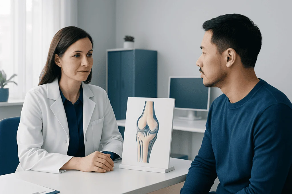 Doctor explaining knee joint anatomy to patient in consultation room.