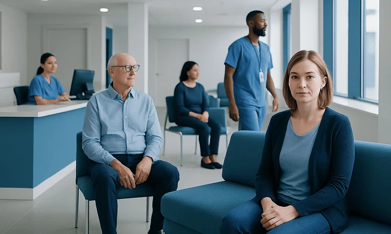 Patients waiting in a hospital corridor with medical staff present.