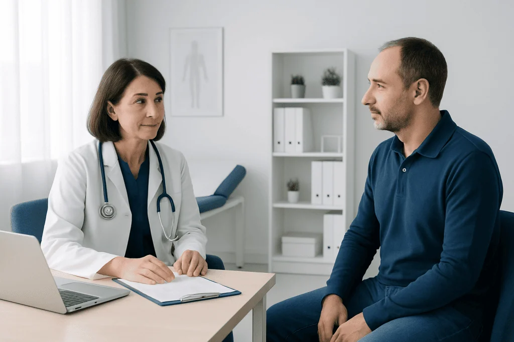 Doctor consulting with patient in a modern medical office.