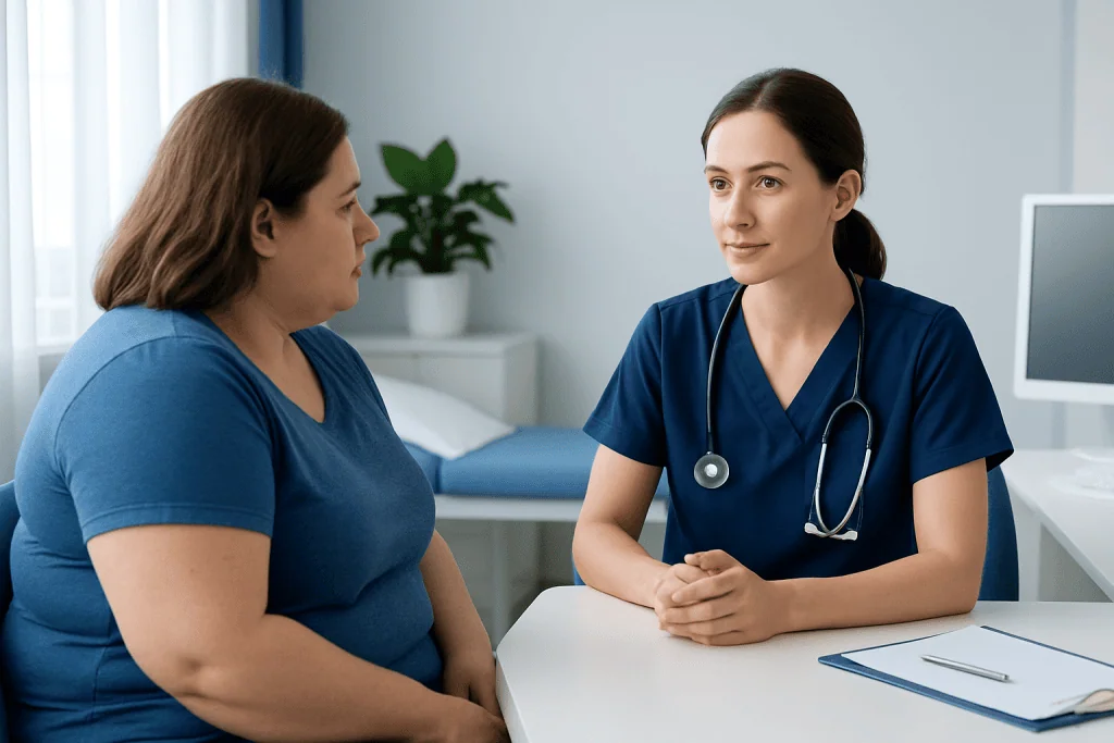 Doctor consulting with a patient about bariatric surgery risks in a medical office.