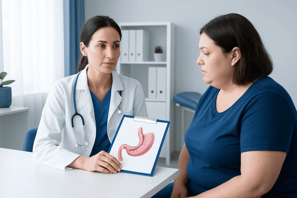Doctor explaining gastric sleeve surgery risks to patient in consultation room.