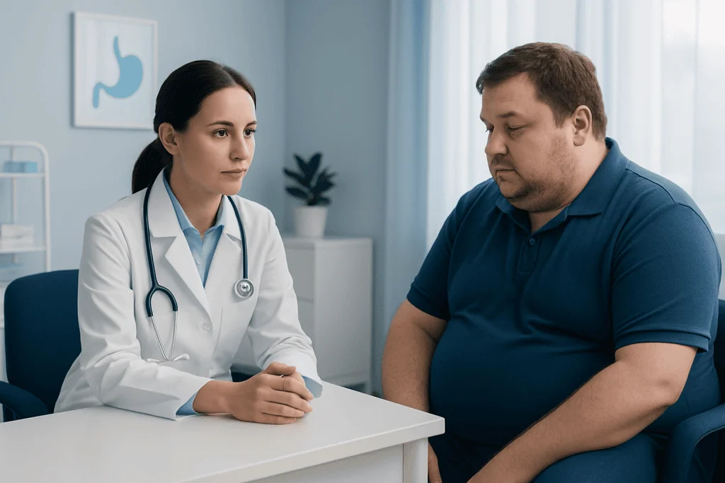 Doctor consulting with a patient about bariatric surgery risks in a clinic.