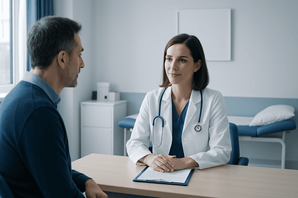 Doctor consulting with patient in a modern hospital room.