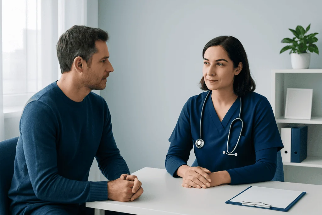 Doctor consulting with patient in a modern clinic setting.