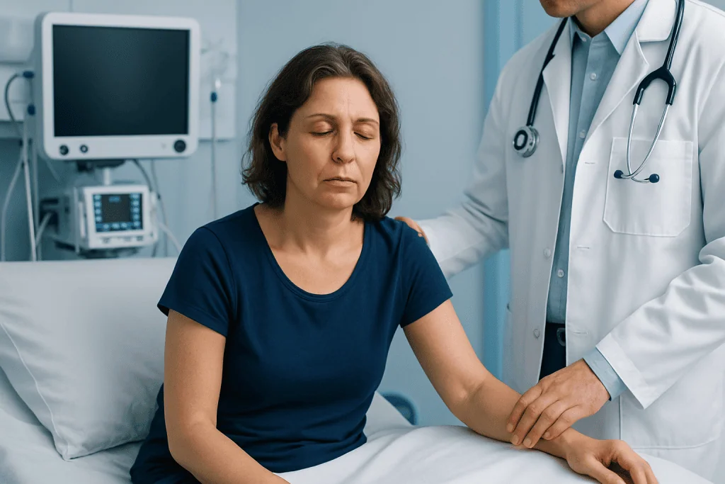 Doctor examining a woman with hypoglycemia symptoms in hospital.