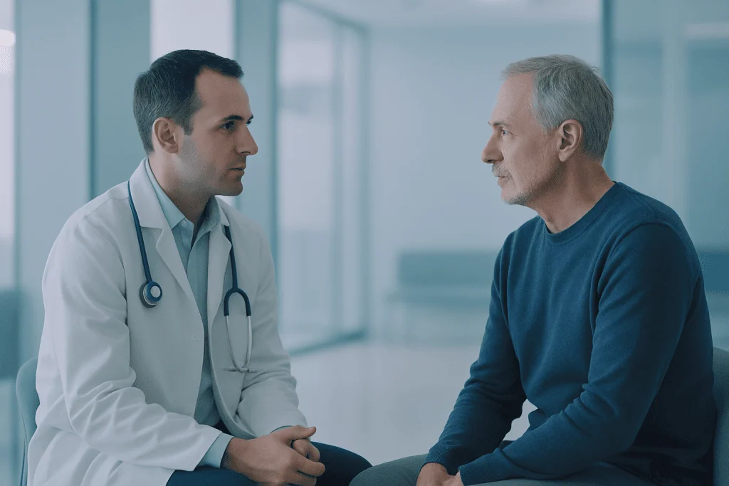Lumbar Disc Replacement: Why Choose Acibadem Hospital for Spinal Care? 1 Doctor consulting with an older male patient in a modern hospital setting.