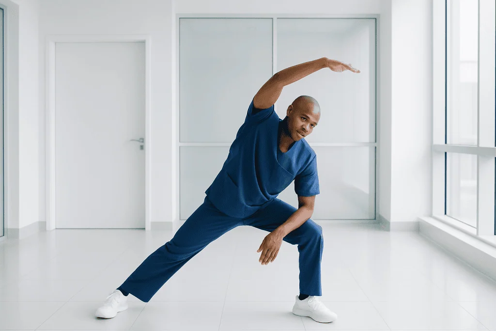 Lumbar Herniation Treatment in Turkey: Why It’s a Premier Destination 1 Man stretching in a modern medical facility for lumbar health.