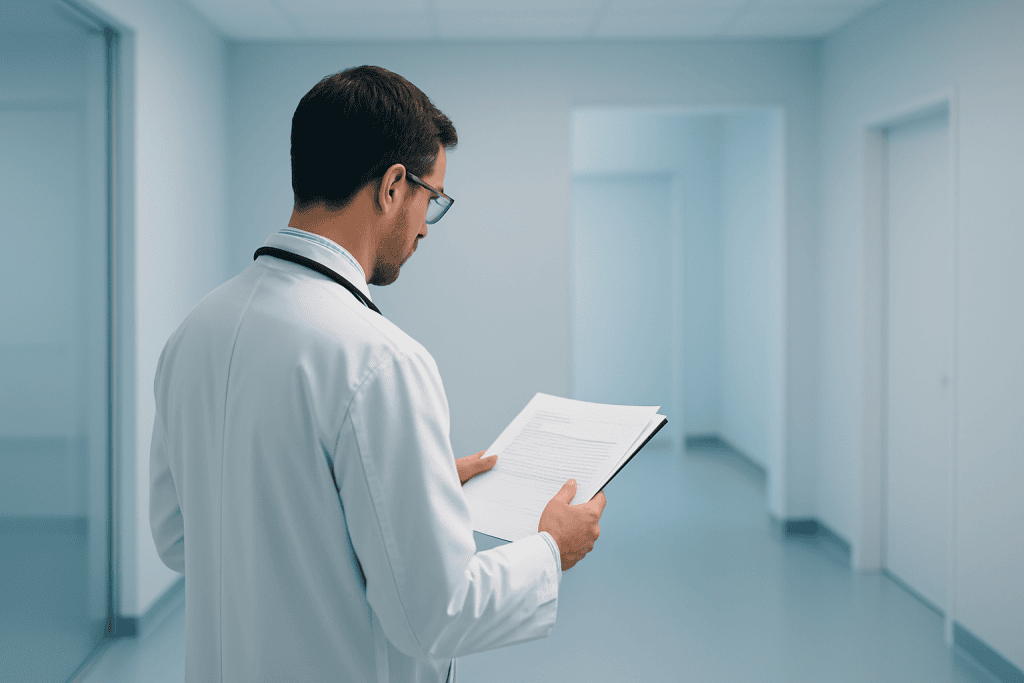 Lung Cancer Surgery at Acibadem Hospital 1 Doctor reviewing patient records in a hospital corridor.