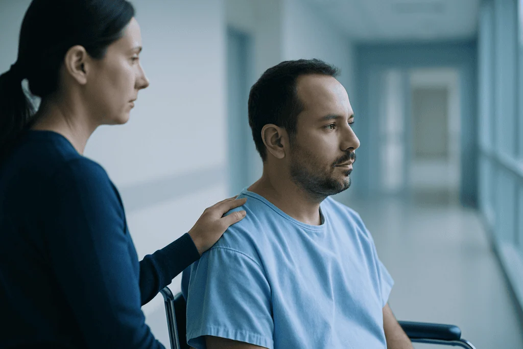 Luxury Cosmetic Surgery in Turkey 1 Compassionate healthcare professional consulting with a patient in a hospital corridor.
