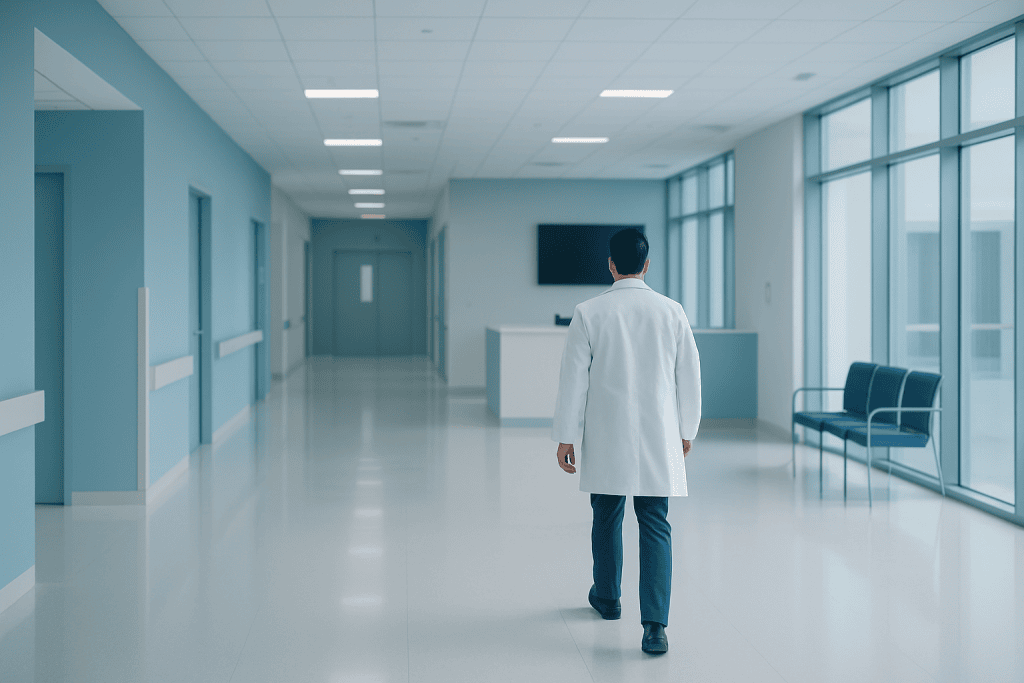 Lymphoma Treatment in Turkey: Oncology Care 1 Doctor walking in a modern hospital corridor with large windows and seating area.