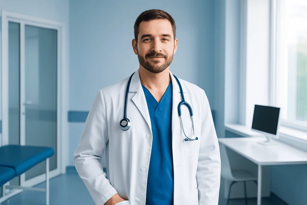 Lynch Syndrome and HNPCC 1 Male doctor in white coat with stethoscope in hospital room.