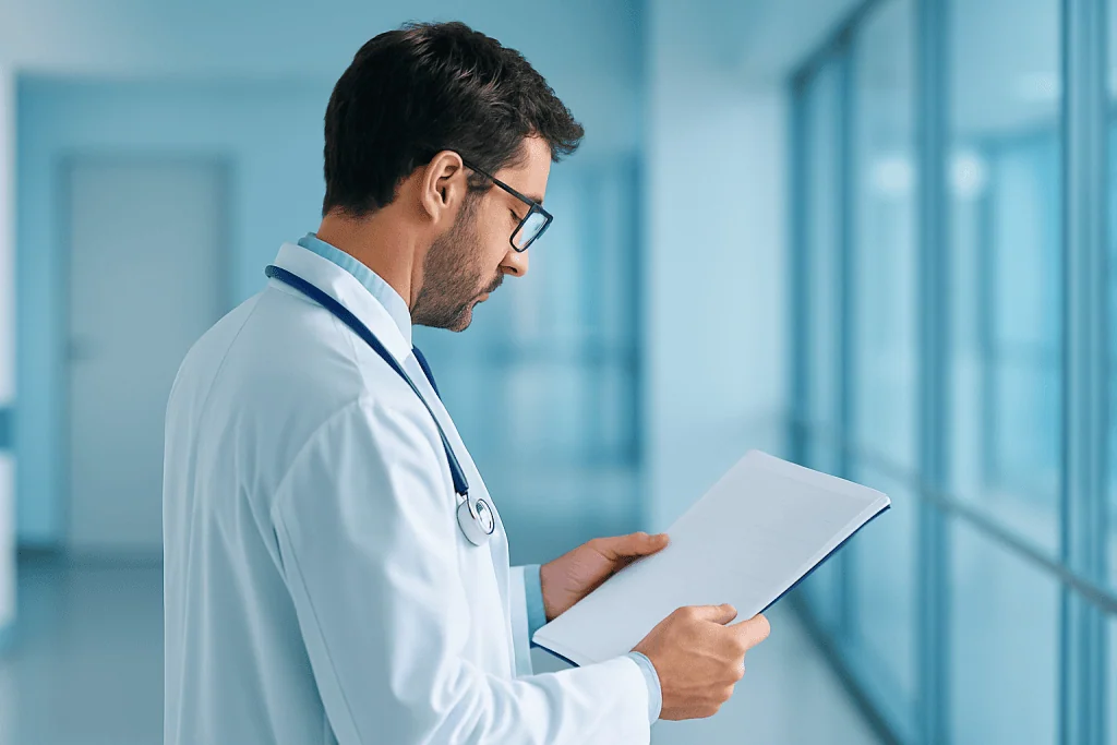 Macro Calculator 1 Doctor reviewing patient data in a modern hospital corridor.