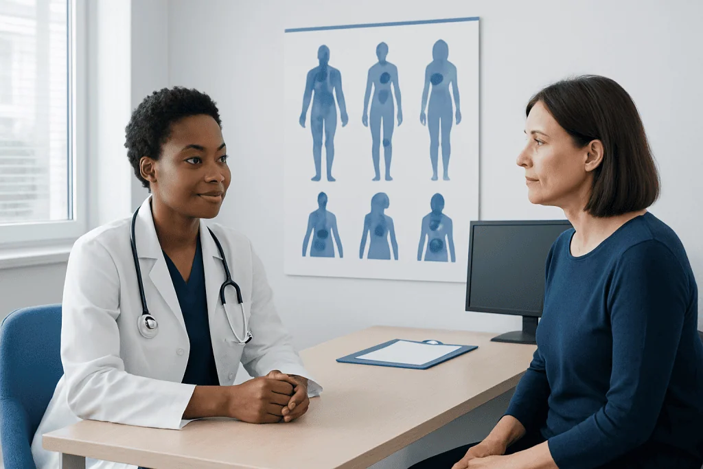 Doctor consulting with patient in a medical office with body diagrams on the wall.