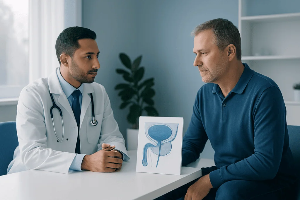 Urologist discussing prostate health with patient in clinic.