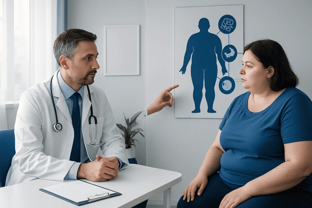 Doctor consulting with a patient about obesity and health risks.