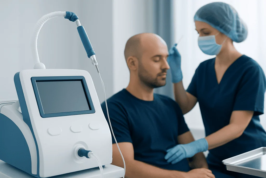 Medical professional preparing for a hair transplant procedure at Acibadem Hospital.