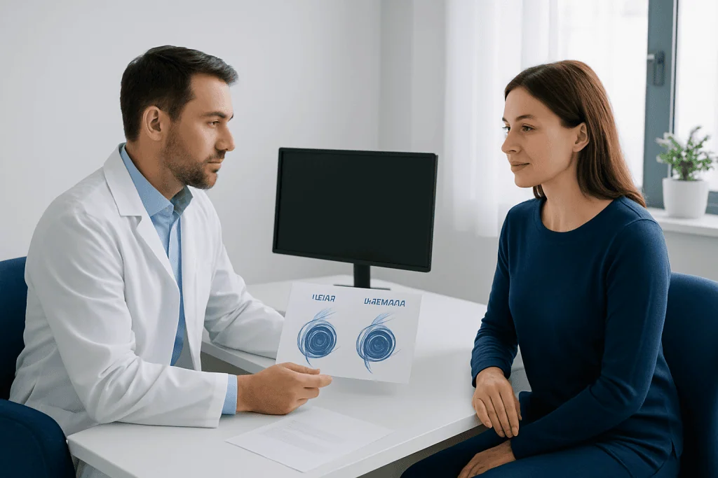 Ophthalmologist explaining laser eye procedure options to patient.