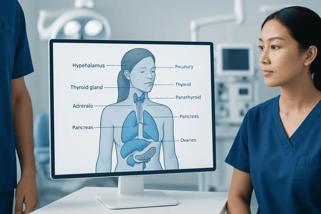 Medical professional analyzing endocrine system diagram on monitor at Acibadem Hospital.