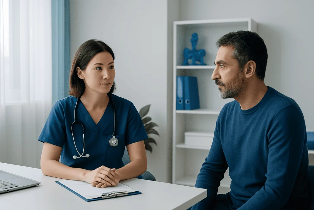 Doctor consulting with a patient in a medical office setting.