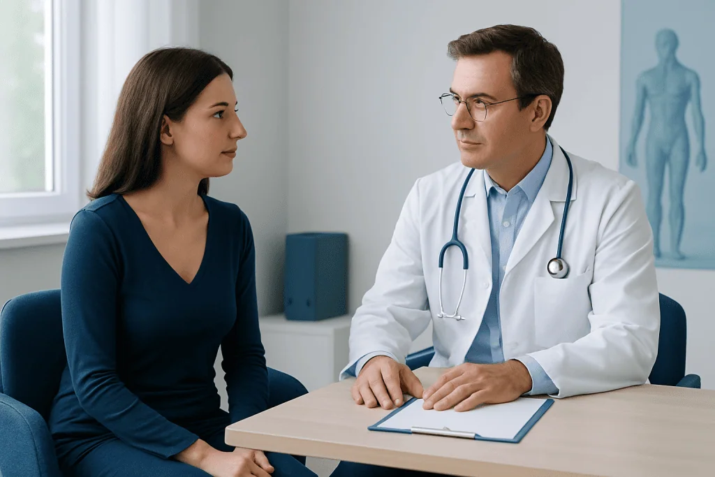 Doctor consulting with a female patient in a medical office.