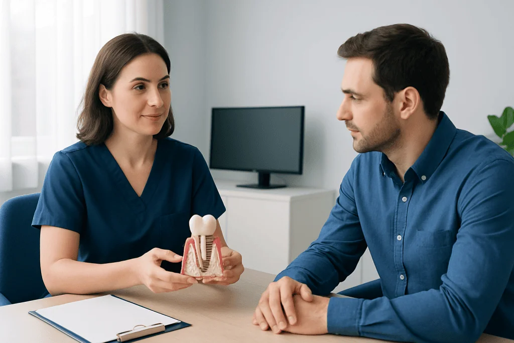Dentist explaining dental implant procedure to patient with model of tooth and gums.
