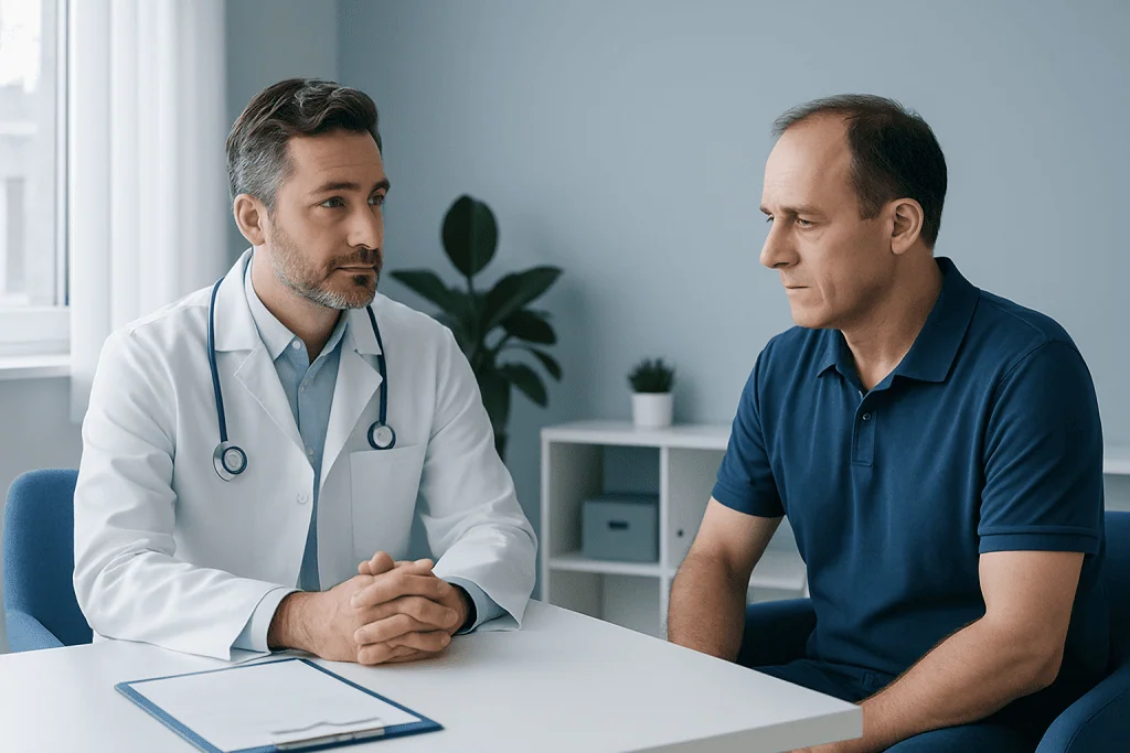 Doctor consulting with a male patient in a medical office.