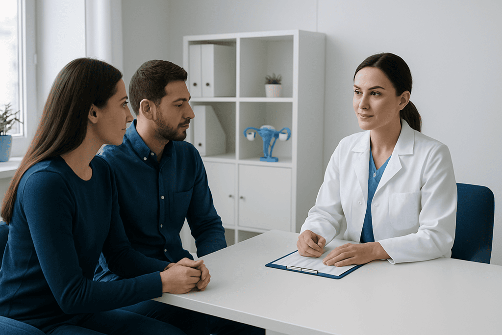 Doctor consulting with a couple about IVF options at Acibadem Hospital.
