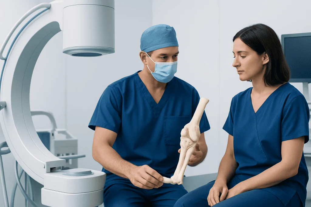 Orthopedic surgeon explaining knee anatomy to patient in hospital.