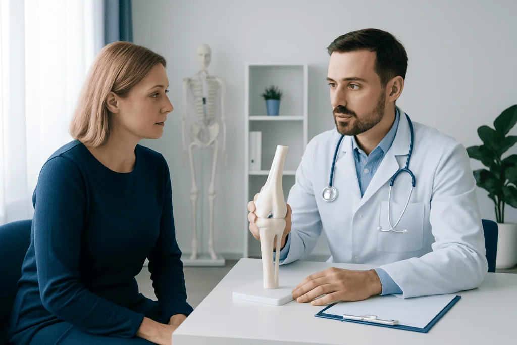 Orthopedic consultation with doctor explaining knee joint to patient at clinic.