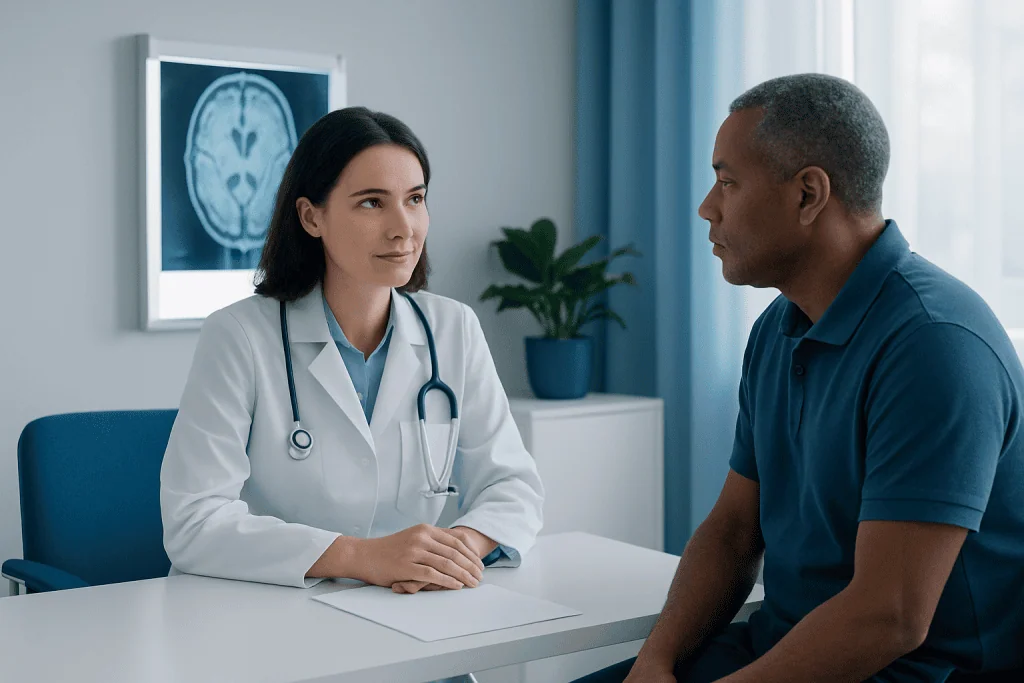 Doctor consulting with patient in medical office with brain scan image in background.