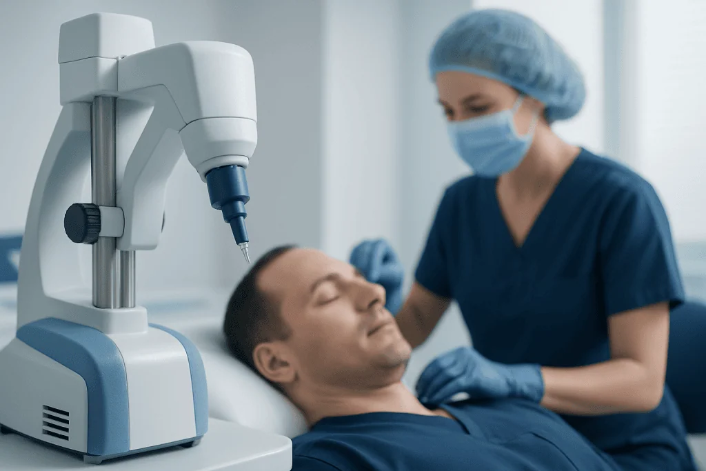 Medical professional performing a hair transplant procedure with advanced equipment.