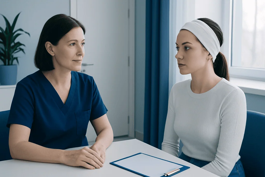 Consultation between a doctor and a patient about facial treatment options.