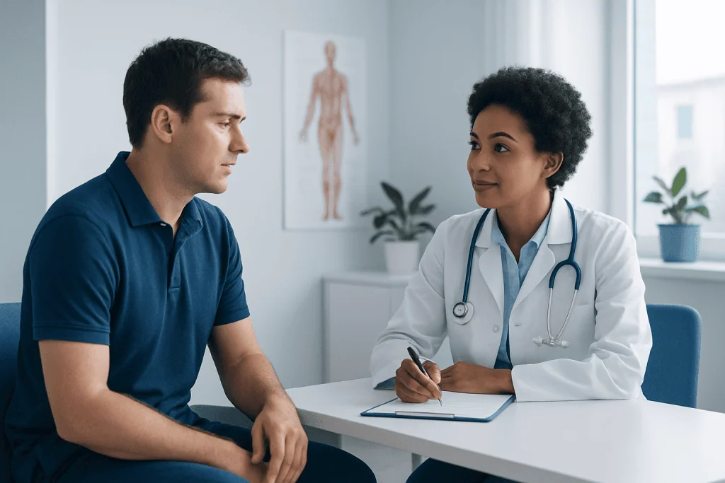 Doctor consulting with a male patient in a medical office.