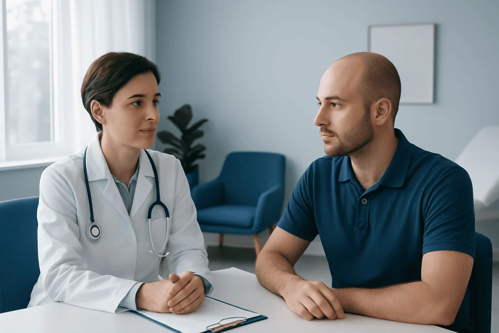 Doctor consulting with male patient in a modern clinic setting.