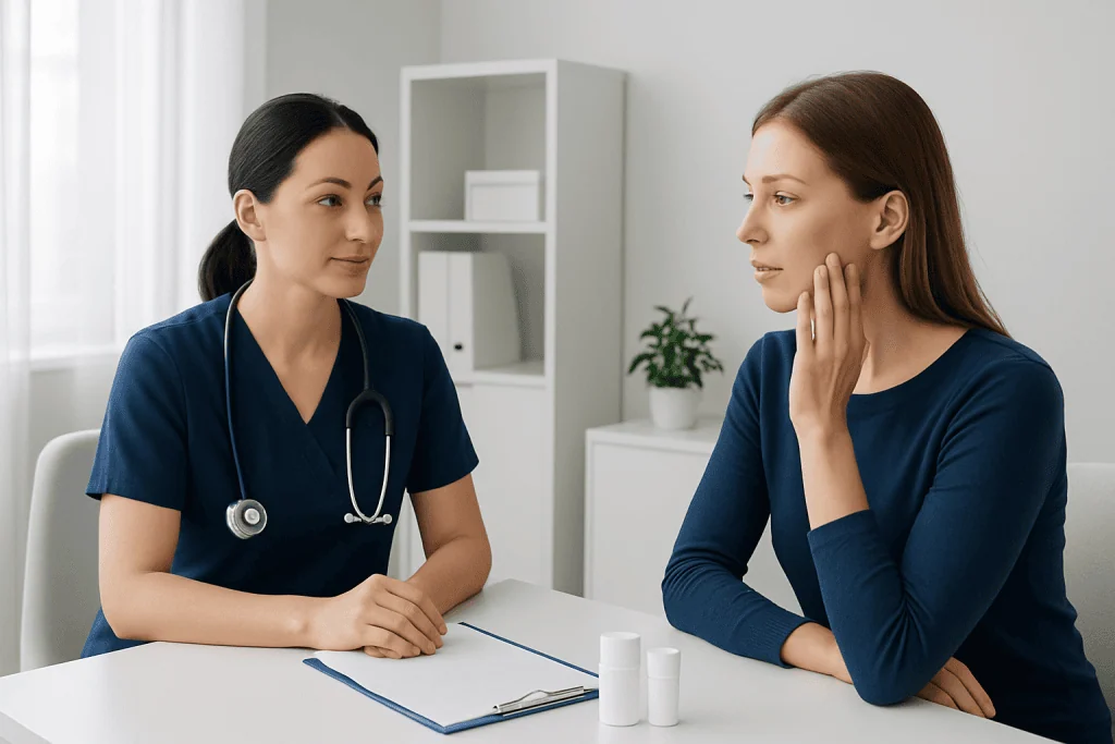Doctor consulting with patient about skin care treatment options.