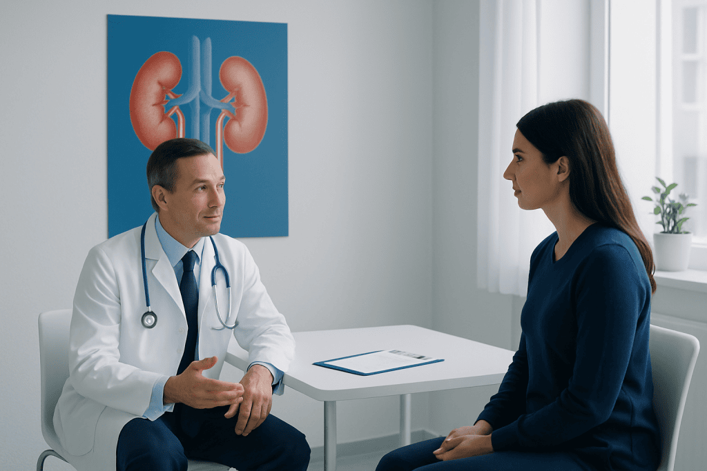 Doctor consulting with a patient about kidney health in a medical office.