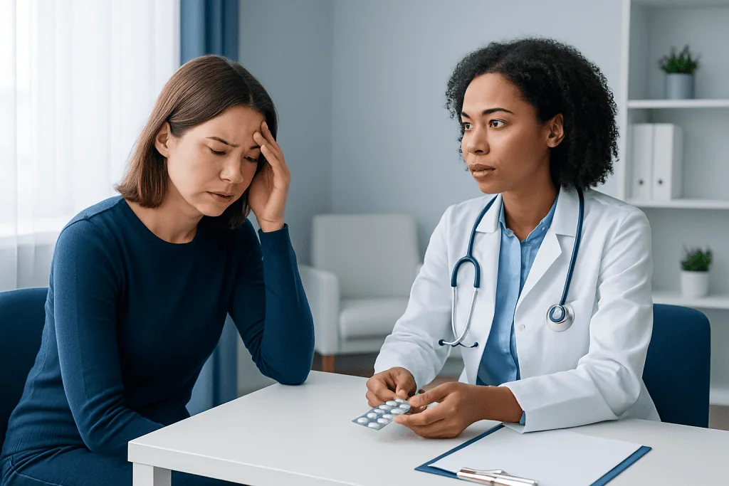 Doctor consulting with a woman experiencing headache pain.