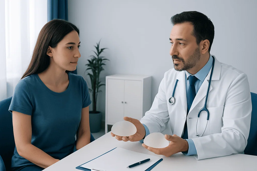 Doctor explaining breast augmentation options to a patient in a clinic.