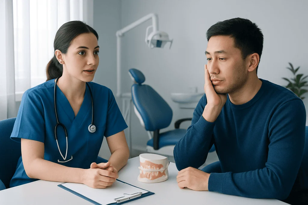 Dentist consulting with patient about dental pain management options.