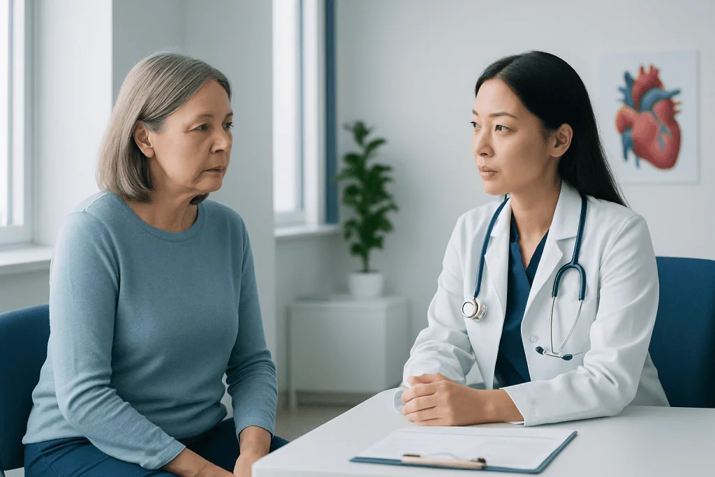 Doctor consulting with an older female patient in a medical office.
