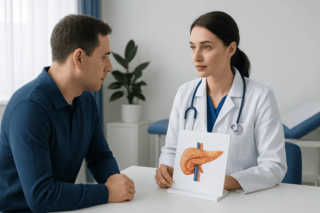 Doctor explaining pancreatic health to patient with pancreas model.