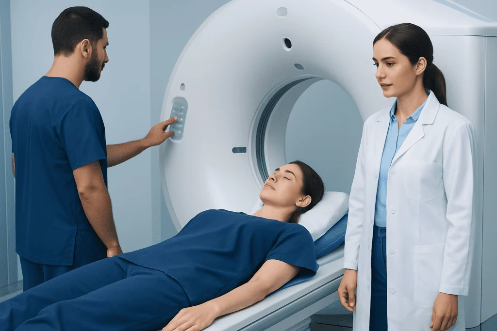 Patient undergoing a CT scan at Acibadem Hospital for cancer detection.